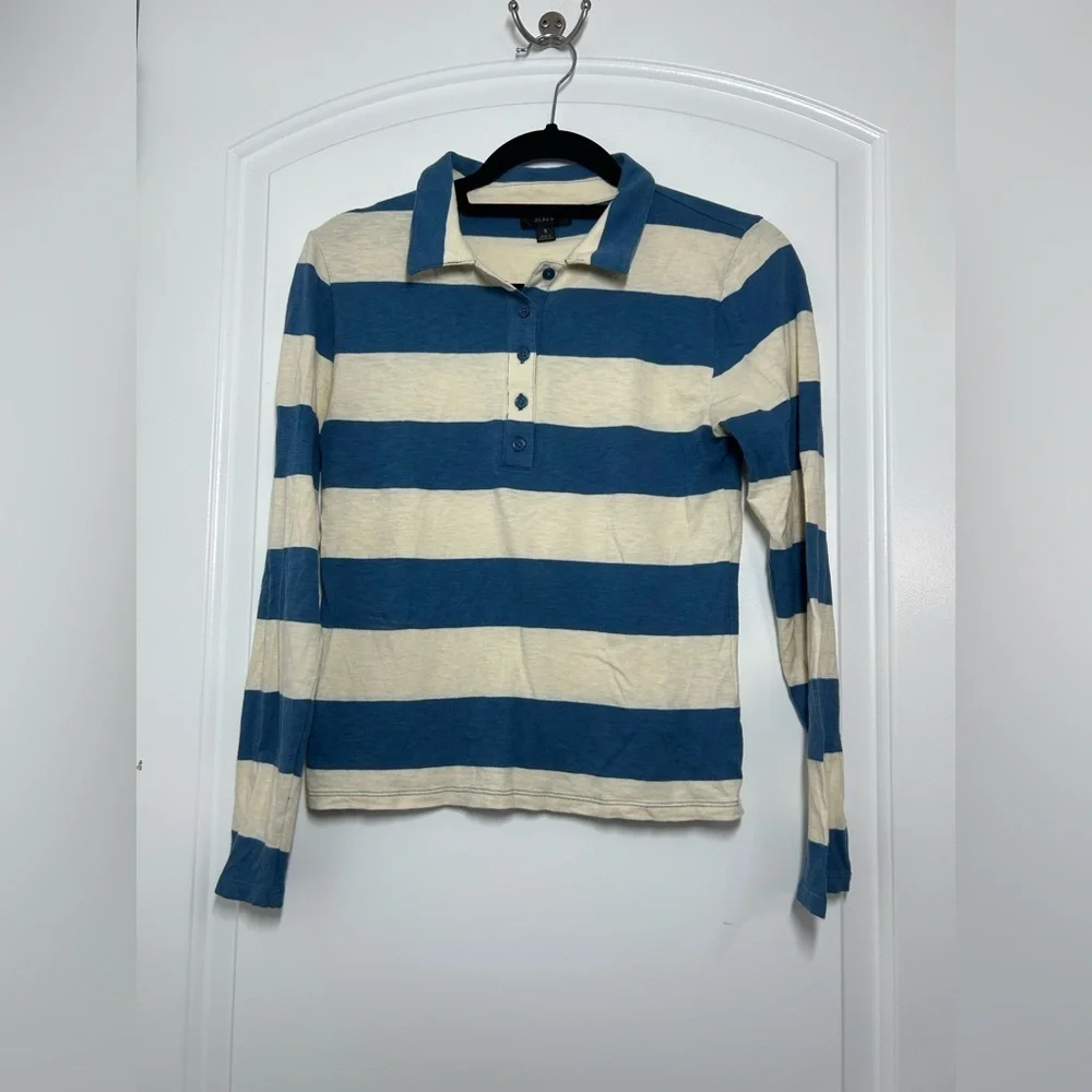 J Crew Blue Striped Long Sleeve Polo Rugby Shirt Size S Preppy Retro Academia